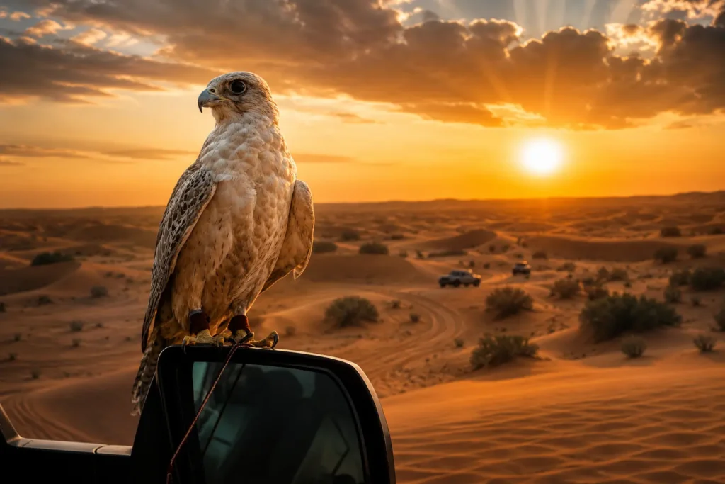alt="Majestic falcon perched in the Lahbab Red Dunes during a luxury Desert Safari Dubai at golden sunset with panoramic desert views"