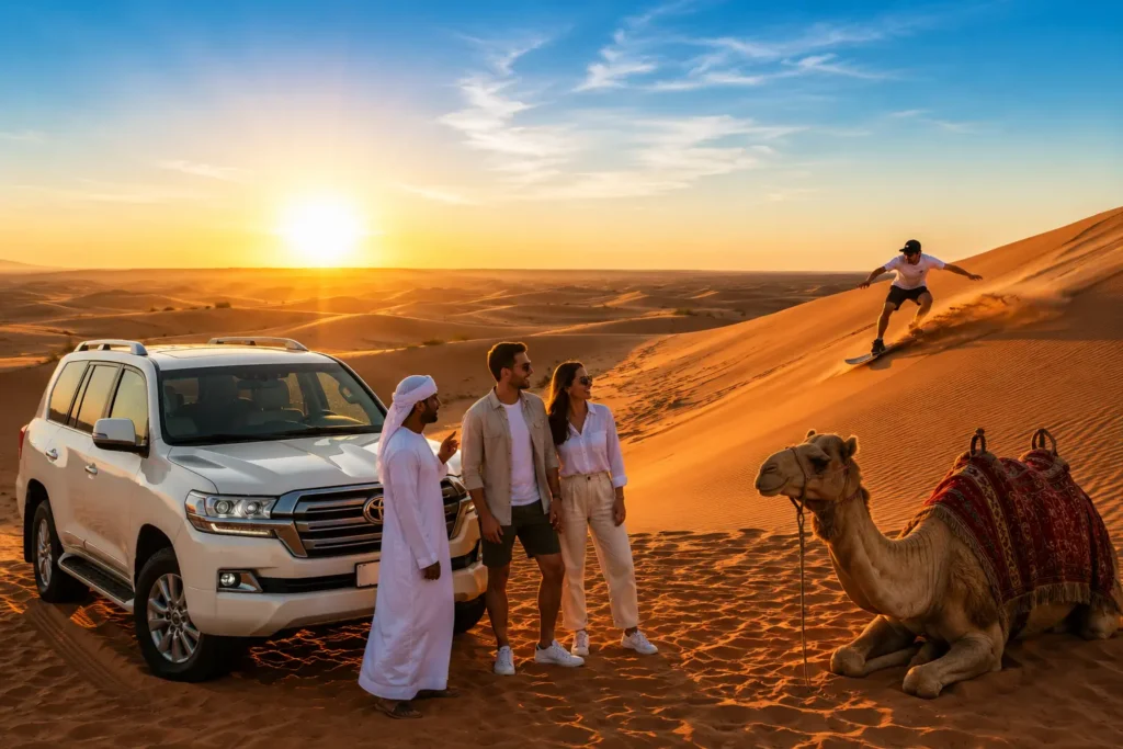Morning Desert Safari Dubai in Lahbab Red Dunes featuring a white Toyota Land Cruiser, sandboarding, camel experience, professional guide and sunrise desert adventure under a clear blue sky.