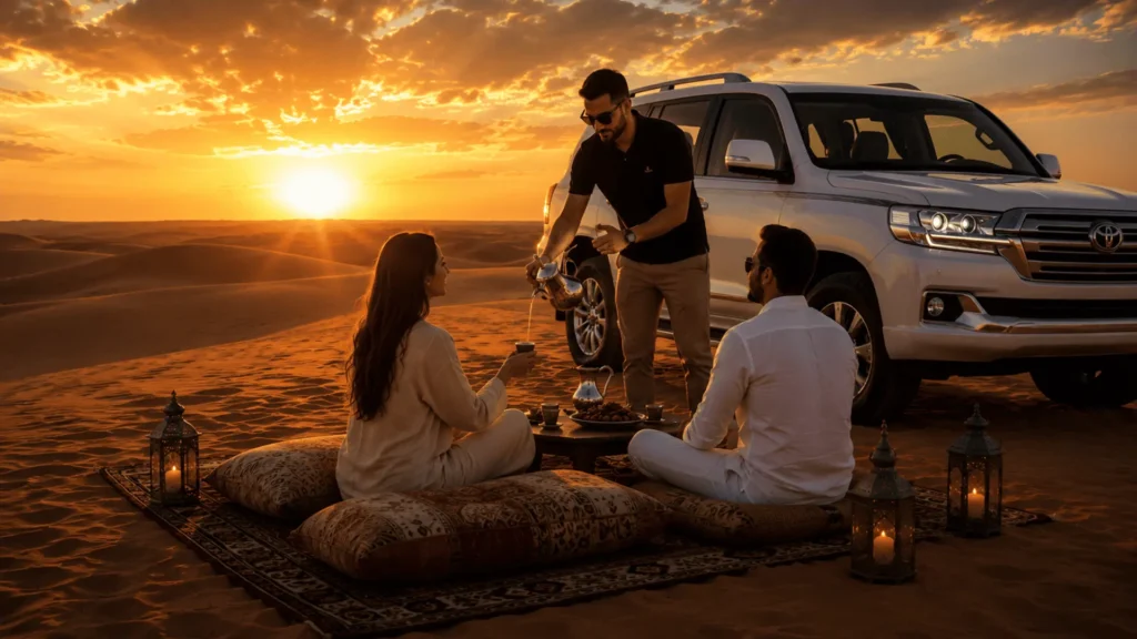 Luxury Private Desert Safari Dubai with a private 4x4 Land Cruiser, sunset desert picnic, Lahbab Red Dunes, BBQ dinner experience and hotel pickup.