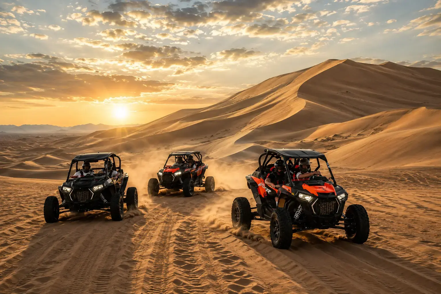 Two-seat Polaris RZR sunset dune buggy in Lahbab Red Dunes Dubai